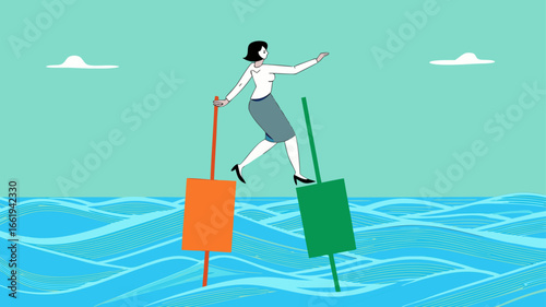 try new opportunities in business investment, navigating stock market volatility, make a decision to buy shares, profitable business, woman investor moves to buoy from growing investment bar chart
