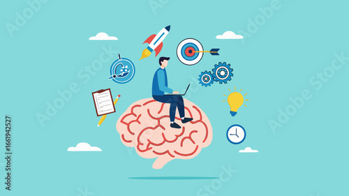 Genius and Expert at learning new skills With Accelerated Learning, intelligence or competence to develop self-capacity, capacity building, man work on human brain with business management elements
