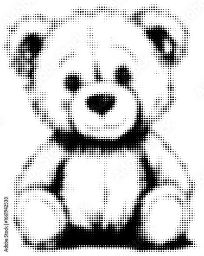 Monochrome halftone image of a teddy bear with a cute expression. Vector illustration