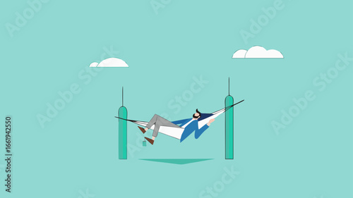 Passive income concept, earning with no effort by make profit or dividend from investment and achieve financial freedom concept, businessman sleeping in hammock with investment growth graph bar
