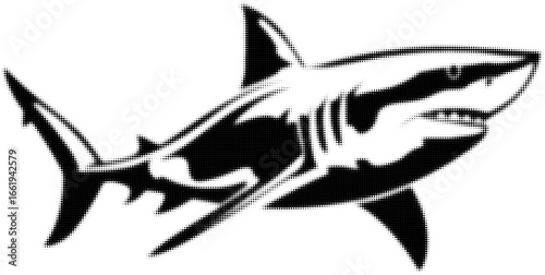 Black and white stylized illustration of a shark with sharp details. Vector illustration