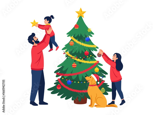 Festive Family Decorating Christmas Tree: A joyful family comes together, adorning a vibrant Christmas tree with ornaments, their shared effort illuminating the holiday season with warmth and cheer.