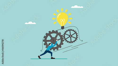great idea development, strategy to success or improvement, efficiency or productivity concept, careful planning, businessman moves the cogwheel gears to activate the lightbulb idea
