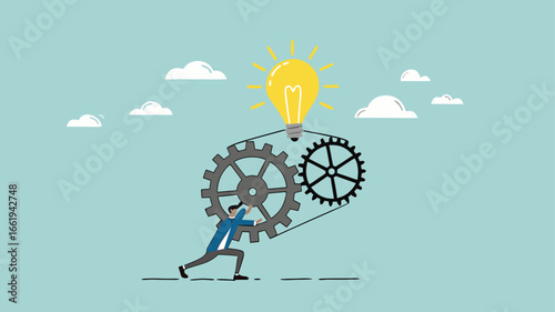 great idea development, strategy to success or improvement, efficiency or productivity concept, careful planning, businessman moves the cogwheel gears to activate the lightbulb idea
