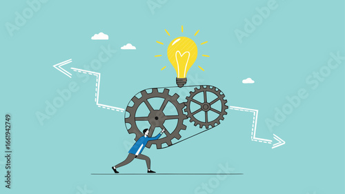 great idea development, strategy to success or improvement, efficiency or productivity concept, careful planning, businessman moves the cogwheel gears to activate the lightbulb idea
