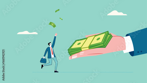 receive payment, reward or employee benefits, wages payment or bonus, bill payment, annual bonus, salary payment concept, happy worker receives money banknotes from businessman hand concept vector
