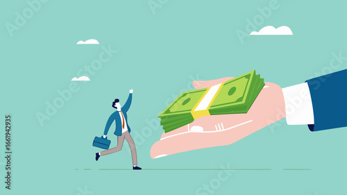 receive payment, reward or employee benefits, wages payment or bonus, bill payment, annual bonus, salary payment concept, happy worker receives money banknotes from businessman hand concept vector
