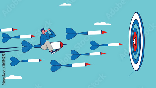 business or marketing target strategy, aim the target audience, introduce products or promotions to the right target audience, businessman control dart with megaphone to reach perfect target
