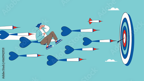 business or marketing target strategy, aim the target audience, introduce products or promotions to the right target audience, businessman control dart with megaphone to reach perfect target
