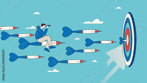business or marketing target strategy, aim the target audience, introduce products or promotions to the right target audience, businessman control dart with megaphone to reach perfect target

