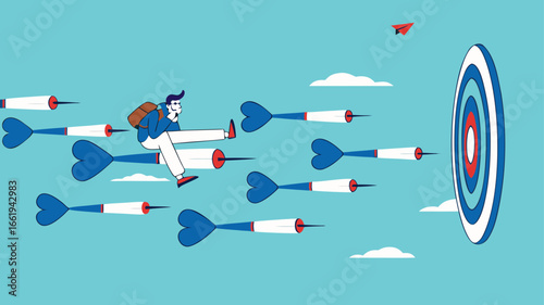 business or marketing target strategy, aim the target audience, introduce products or promotions to the right target audience, businessman control dart with megaphone to reach perfect target
