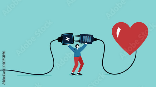 passion for work, mindset or attitude to work according to our talents and interests, businessman work with heart, businessman connect plug with heart to power socket concept vector illustration
