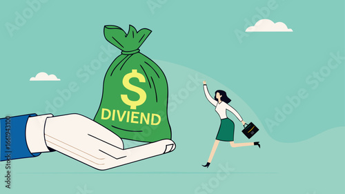 getting dividend from investment with happy businesswoman investor receives a bag of dividend money from the businessman's hand, payment return from investment
