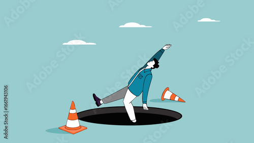 businessman fell into a hole because he was walking while using AR VR headset technology, augmented and virtual reality technology impact illustration, negative impact from AR VR technology
