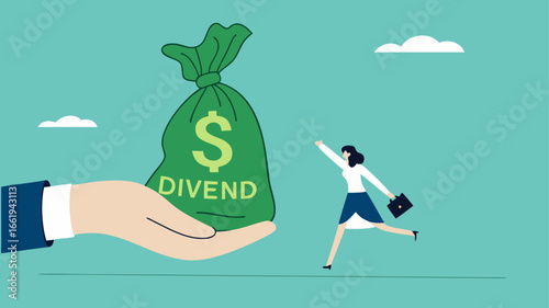 getting dividend from investment with happy businesswoman investor receives a bag of dividend money from the businessman's hand, payment return from investment
