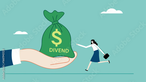 getting dividend from investment with happy businesswoman investor receives a bag of dividend money from the businessman's hand, payment return from investment
