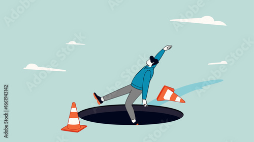 businessman fell into a hole because he was walking while using AR VR headset technology, augmented and virtual reality technology impact illustration, negative impact from AR VR technology
