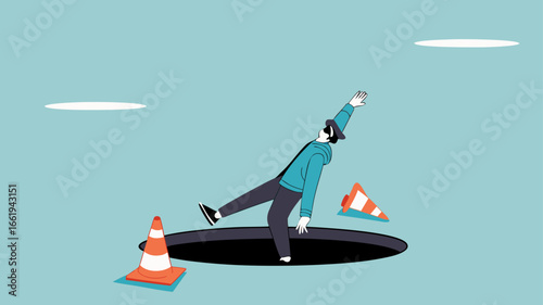 businessman fell into a hole because he was walking while using AR VR headset technology, augmented and virtual reality technology impact illustration, negative impact from AR VR technology
