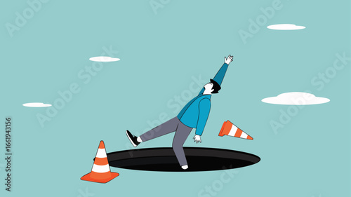 businessman fell into a hole because he was walking while using AR VR headset technology, augmented and virtual reality technology impact illustration, negative impact from AR VR technology
