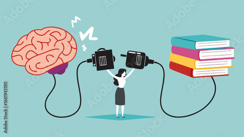 read books to learn new lessons, literature or intelligence information, improve literacy and numeracy skills, woman connect plug with stack of book with human brain concept vector illustration
