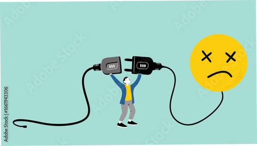 overworked or stressed at work, refresh or recover after tired at work, re charge yourself, restore enthusiasm for work, recharge mood, businessman connect plug with bad mood icon to power socket
