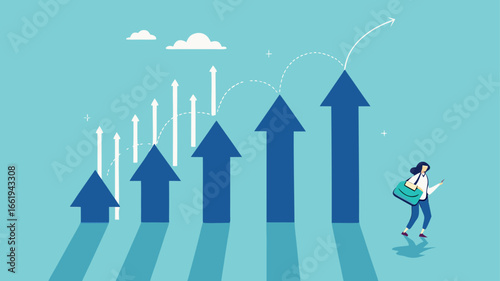 business growth with investment earning rising up, profit performance or investment sales growth, market value of equity concept, businessman with banknotes observing business income growth graph
