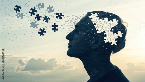 Mind Puzzle Concept with Human Profile and Dispersing Puzzle Pieces
