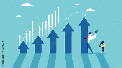 business growth with investment earning rising up, profit performance or investment sales growth, market value of equity concept, businessman with banknotes observing business income growth graph

