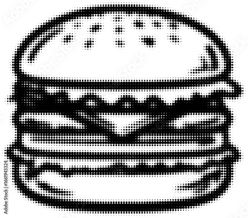 Black and white halftone hamburger illustration with detailed layers. Vector illustration