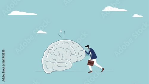 broken brain concept vector illustration, brain damage caused by pornography or PMO, depressed businessman can't concentrate on work because his brain is damaged
