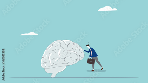 broken brain concept vector illustration, brain damage caused by pornography or PMO, depressed businessman can't concentrate on work because his brain is damaged
