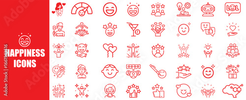 Collection of Red Line Icons Representing Happiness and Positive Emotions