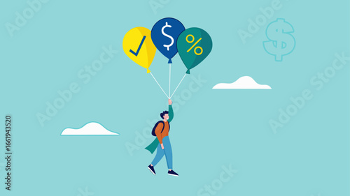 return on investment or dividend leads to financial freedom, compound interest growth on capital, successful investment strategy, businessman flying using balloon with dollar icon and growth graph
