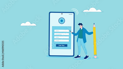 online registration illustration with the concept of businessman fills registration table while carrying big pencil, business register illustration, apply new job or membership, register new account

