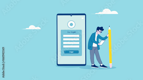online registration illustration with the concept of businessman fills registration table while carrying big pencil, business register illustration, apply new job or membership, register new account
