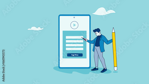 online registration illustration with the concept of businessman fills registration table while carrying big pencil, business register illustration, apply new job or membership, register new account
