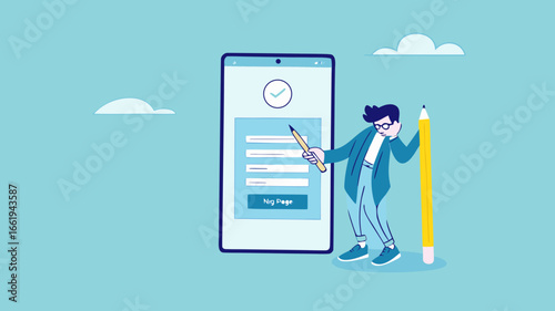 online registration illustration with the concept of businessman fills registration table while carrying big pencil, business register illustration, apply new job or membership, register new account
