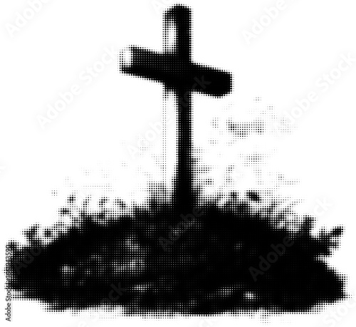 Cross silhouette in black against dotted background evokes solemnity. Vector illustration