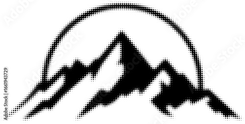 Monochrome mountain illustration with pixelated texture and semicircle frame. Vector illustration