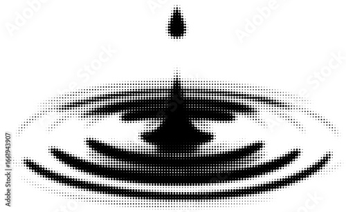 Halftone illustration of a water droplet creating ripples in black and white. Vector illustration