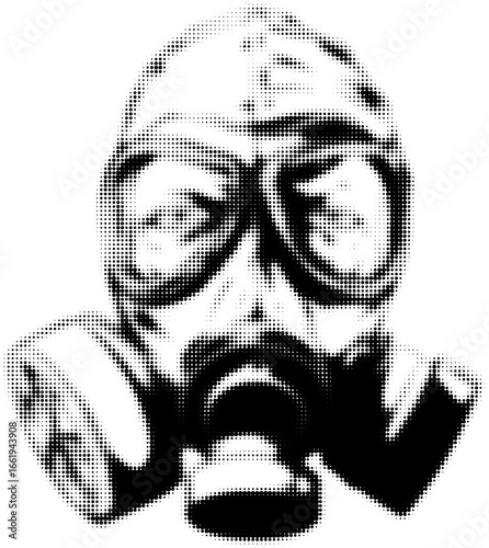 A black and white halftone illustration of a gas mask with a retro style. Vector illustration