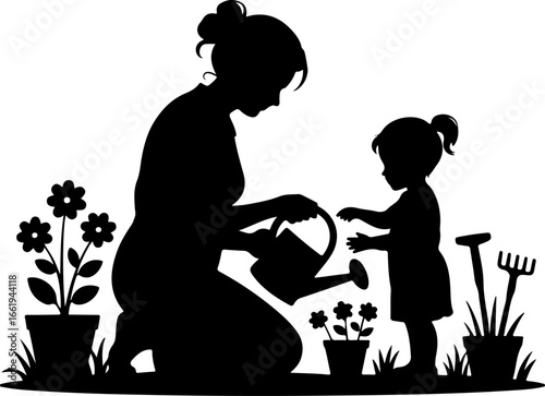 A serene silhouette of a grandmother kneeling or sitting in a garden