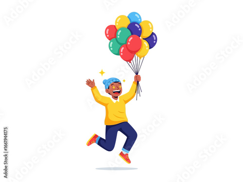 Joyful Flight: A young individual jumps for joy, clutching a vibrant cluster of balloons. It's a picture of pure happiness.