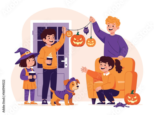 Halloween Gathering: Family joyfully decorates for the spooky season, filled with festive pumpkins, treats and costumes creating a scene of cheerful anticipation and holiday spirit.