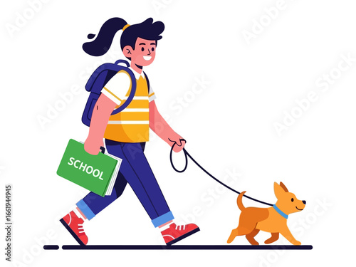 School Time Walk: A young student, shouldering a backpack and clutching a schoolbook, strolls alongside a happy dog, signifying the joy of education and the companionship of pets.