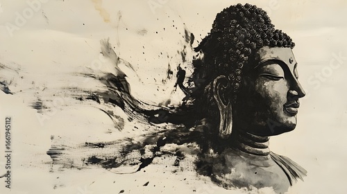 Minimalist Zen Style Ink Painting of a Thai Buddhist Figure on Paper with Sharp Fast Brush Strokes