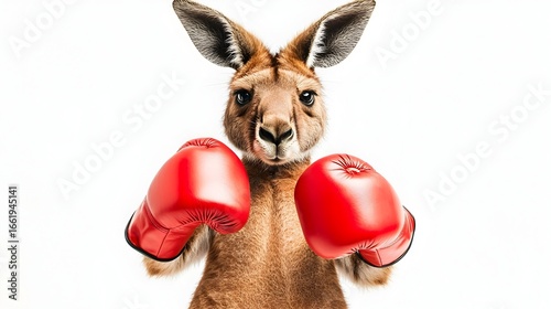 Muscular Kangaroo Wearing Red Boxing Gloves Ready for a Fight on White Background