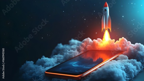 Rocket Launch from Smartphone Screen   Symbolizing Technological Innovation and Connectivity