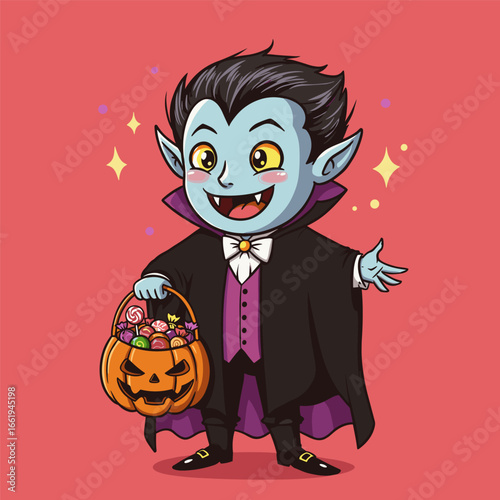 Cute cartoon vampire holding a pumpkin candy basket, dressed for Halloween with a cheerful smile.