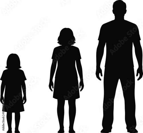 Human growth silhouette vector, child to adult progression, height comparison, age stages illustration, family development clipart, black figures
